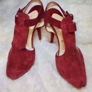 {Christian Louboutin} Orlan Red Suede Double Platform T-Strap Pumps, Size 40